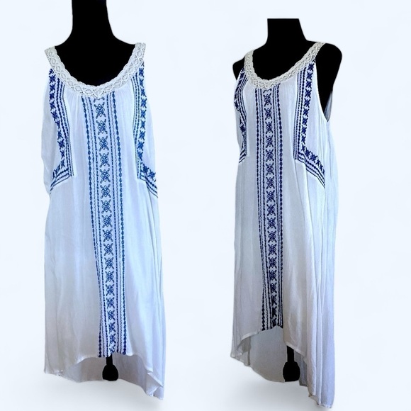 Lucky Brand Boho Chic Embroidered Crochet Detail Lined Sundress White Bl… - Picture 2 of 9